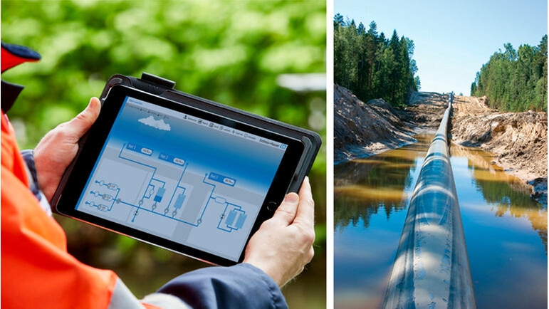 Billede af et Netilion Network Insights-instrumentbræt og en udendørs vandrørledning