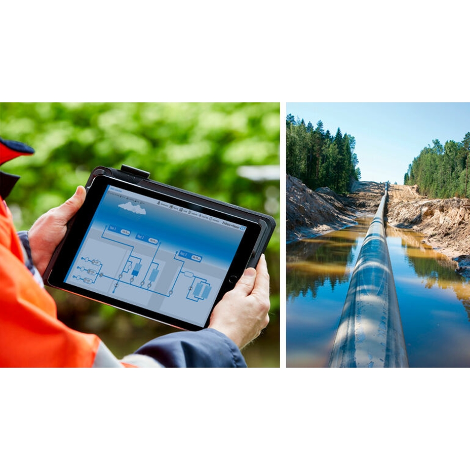 Picture of a Netilion Network Insights dashboard and an outdoor water pipeline