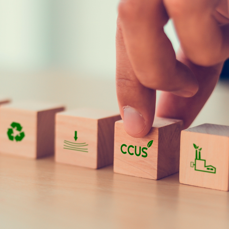 CCUS-konceptet (Carbon Capture, Utilization and Storage) symboliseres af fem træklodser.