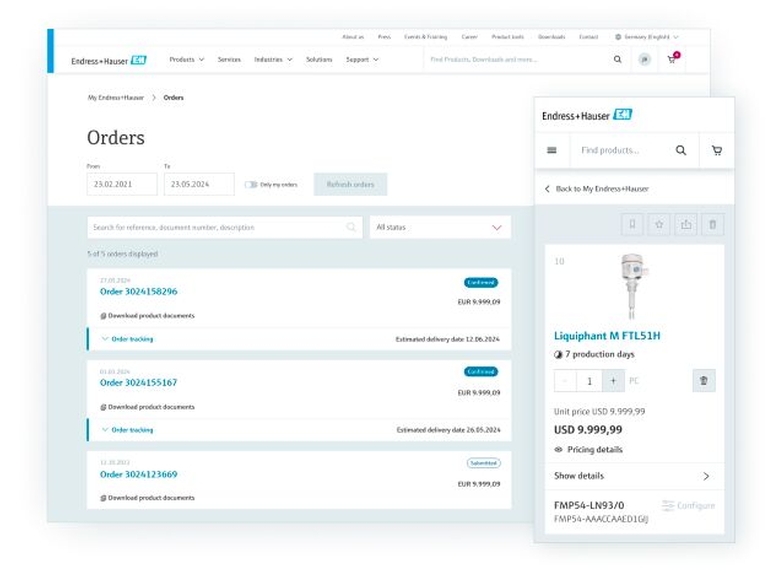 Mit Endress+Hauser transaktioner/e-handelsfunktioner
